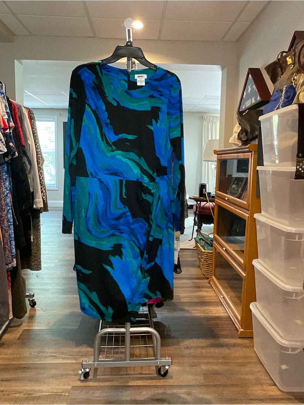 DKNY Black, Blue & Teal Abstract Long Sleeve Dress
